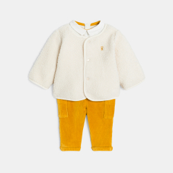 سترة جيليه من نسيج صوف الشيربا وبنطلون)سروال( من المخمل وقميص بودي أصفر للصبيان حديثي الولادة